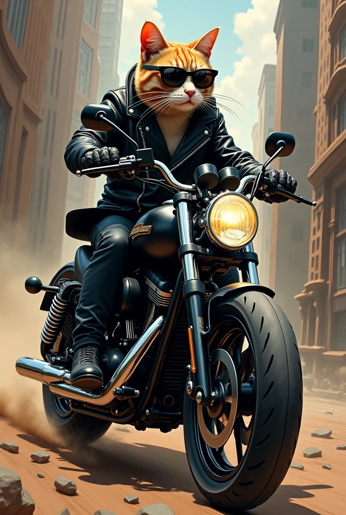A painting of a cat in a black leather suit riding a Harley-Davidson motorcycle in sunglasses, popular at the art station, in a black leather suit, detailed surreal rendering, United Kingdom gang members, street style, intimidating poses, cat planet, stylish clothes, urban samurai, Mewtwo, West Slavic features, 8 1 5, animation