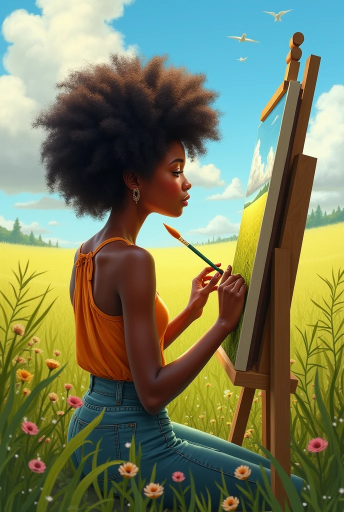 A person with afro hair drawing with oil paints in a field 