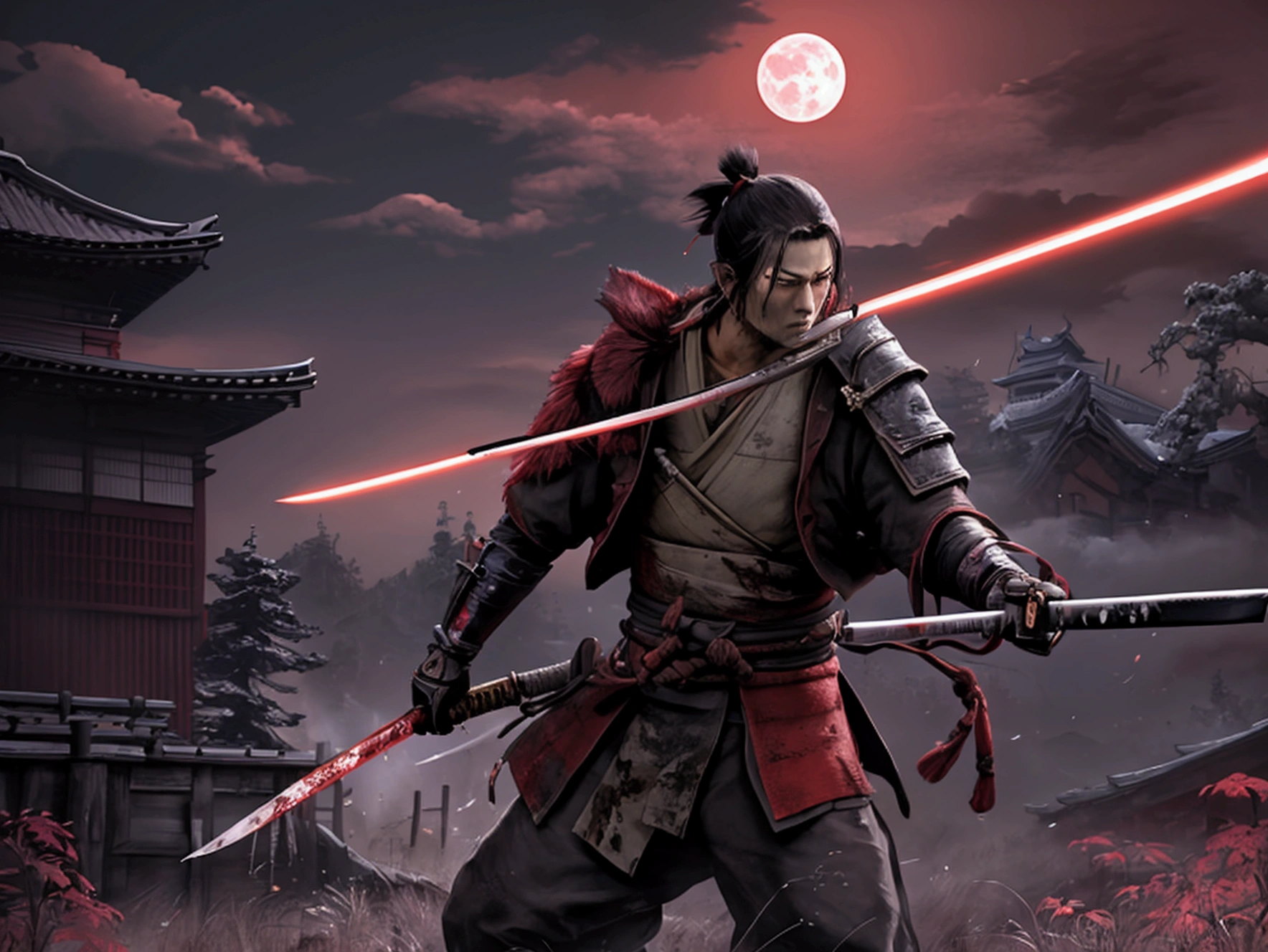 work of art, 4K, protagonist de Sekiro, full moon night, bloody moon, reddish sky, man with half-burnt clothes uses black-bladed katana that has purple fire to fight shirtless man and bow with katana imbued with lightning, post war environment with tall grass
