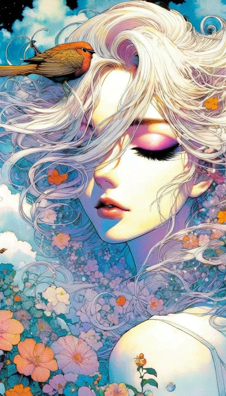 masterpiece, illustration, anime, 1girl, sexy, floral, cloud, bird, flow, hair over eyes, hair over one eye, (((ultra detailed))), softcore, kawaii, art inspired by Bill Sienkiewicz and Dave Mckean
