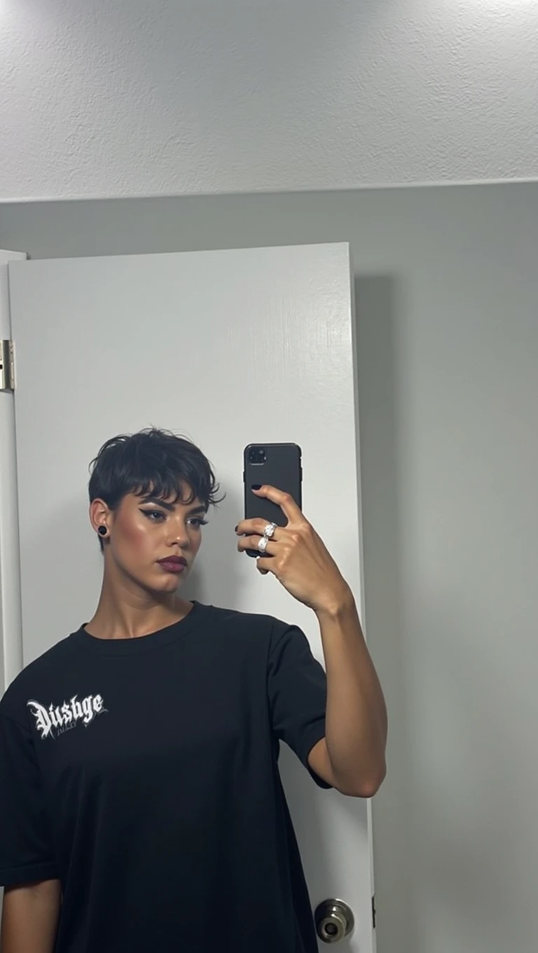 Hiper realistic and natural picture, girl taking a selfie in the mirror, wearing Black modest goth dress That covers her entire body, long-sleeved dress, kimono-style sleeves, long skirt, waist-cinching corset (all body Covered) dark makeup, big eyeliner, full lips, dark red lips, short black weavy hair, curvy thin body, dark look, modest outfits, short hair 