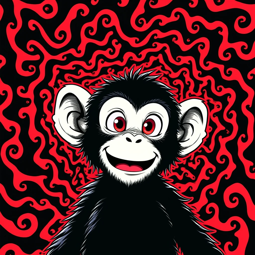 monkey in manga style, with psychedelic background image colored only in black and red, as a banner, centralized