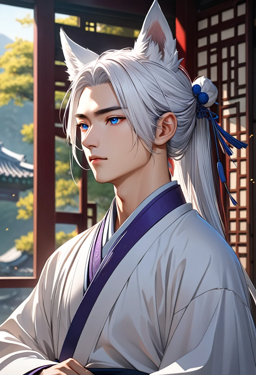 1 men with wolf-like ears, long white hair tied up with a delicate Appearance Asian-style hair Far away Tied 21 years old, pale skin, captivating purple-blue eyes, soft youthful expression mature Wearing white traditional Chinese men's clothing hanfu, central composition, serene contemplative pose, neutral minimalist backdrop, gentle elegance and mysticism, blend of traditional Chinese and supernatural elements, detailed facial features, (best quality,4k,8k,highres,masterpiece:1.2),ultra-detailed,HDR,UHD,studio lighting,ultra-fine painting,sharp focus,physically-based rendering,extreme detail description,professional,vivid colors,bokeh,portraits,fantasy,ethereal,concept art, Do it holding a katana looking forward outdoors