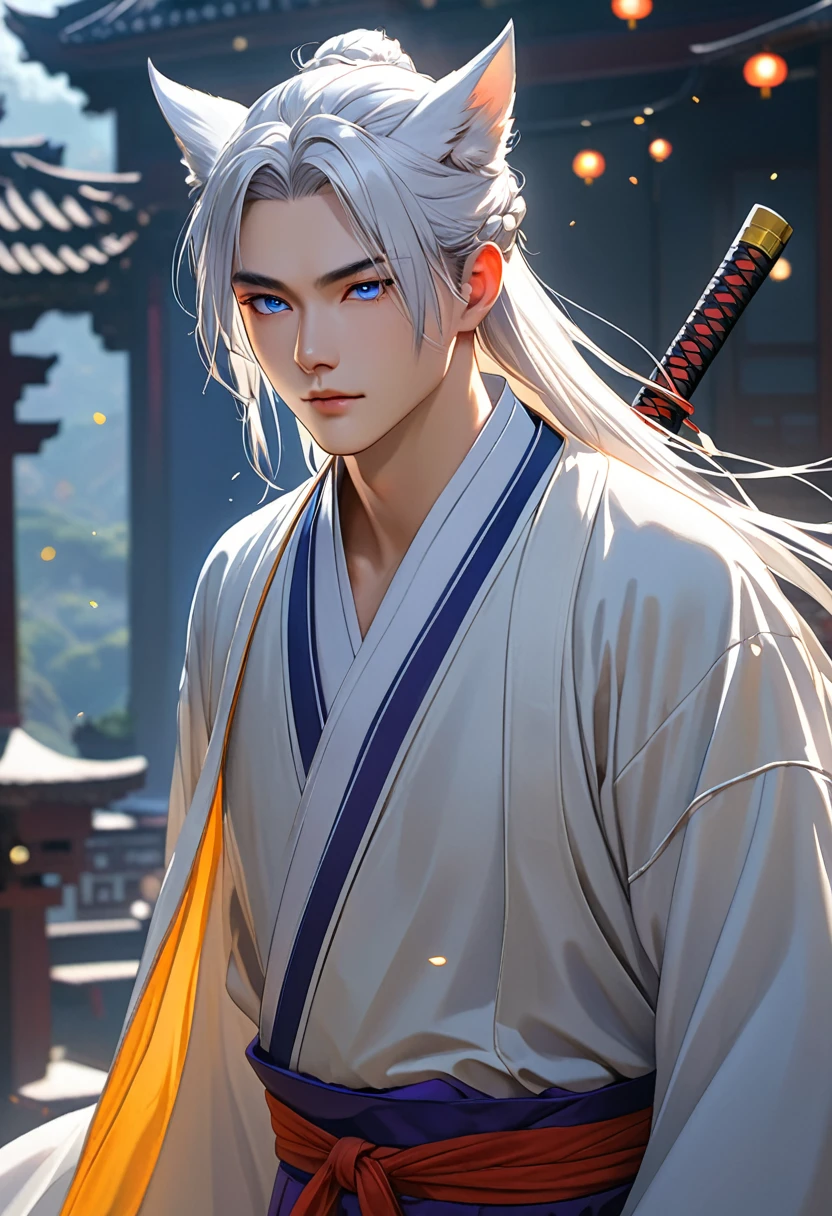 1 men with wolf-like ears, long white hair tied up with a delicate Appearance Asian-style hair Far away Tied 21 years old, pale skin, captivating purple-blue eyes, soft youthful expression mature Wearing white traditional Chinese men's clothing hanfu, central composition, serene contemplative pose, neutral minimalist backdrop, gentle elegance and mysticism, blend of traditional Chinese and supernatural elements, detailed facial features, (best quality,4k,8k,highres,masterpiece:1.2),ultra-detailed,HDR,UHD,studio lighting,ultra-fine painting,sharp focus,physically-based rendering,extreme detail description,professional,vivid colors,bokeh,portraits,fantasy,ethereal,concept art, Do it holding a katana looking forward outdoors