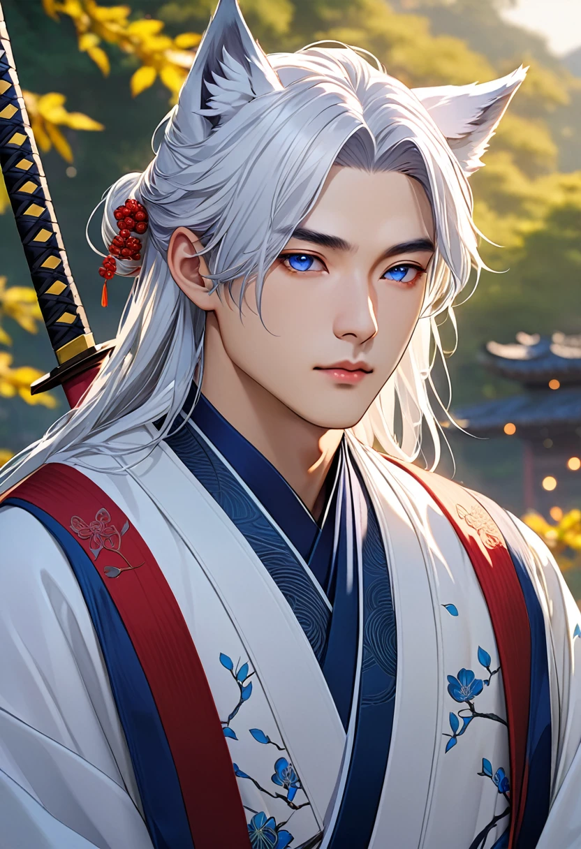 1 men with wolf-like ears, long white hair tied up with a delicate Appearance Asian-style hair Far away Tied 21 years old, pale skin, captivating purple-blue eyes, soft youthful expression mature Wearing white traditional Chinese men's clothing hanfu, central composition, serene contemplative pose, neutral minimalist backdrop, gentle elegance and mysticism, blend of traditional Chinese and supernatural elements, detailed facial features, (best quality,4k,8k,highres,masterpiece:1.2),ultra-detailed,HDR,UHD,studio lighting,ultra-fine painting,sharp focus,physically-based rendering,extreme detail description,professional,vivid colors,bokeh,portraits,fantasy,ethereal,concept art, Do it holding a katana looking forward outdoors