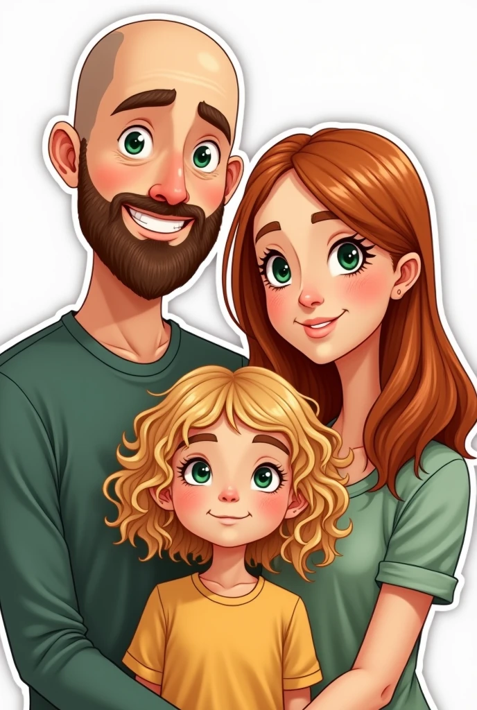 A family, A white man, Cao Cao, almost bald, brown beard, greeneyes, next to a white woman de greeneyes com o cabelo castanho-acobreado, straight and without bangs parted in the middle, next to a white woman, greeneyes, curly and blonde hair, illustration style, sticker