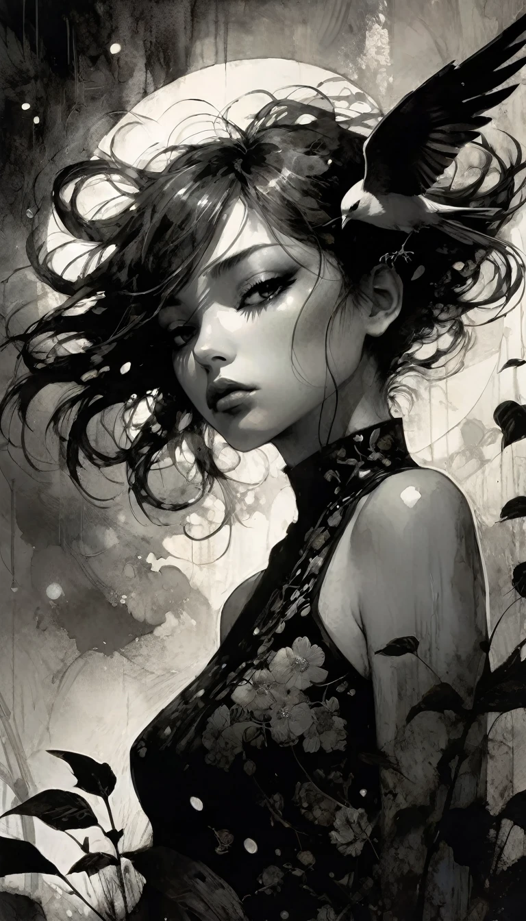 masterpiece, illustration, anime, 1girl, sexy, floral, cloud, bird, flow, hair over eyes, hair over one eye, (((ultra detailed))), softcore, kawaii,eroticism, sexy, black and white image, between shadows, oil painting, chiaroscuro, sensual, dramatic lighting, moody atmosphere, photorealistic, intricate details, masterpiece, ultra-detailed, high quality, 8k, best quality, realistic, cinematic, dark and brooding, expressionistic, powerful composition, emotional impact,  art inspired by Bill Sienkiewicz and Dave Mckean
