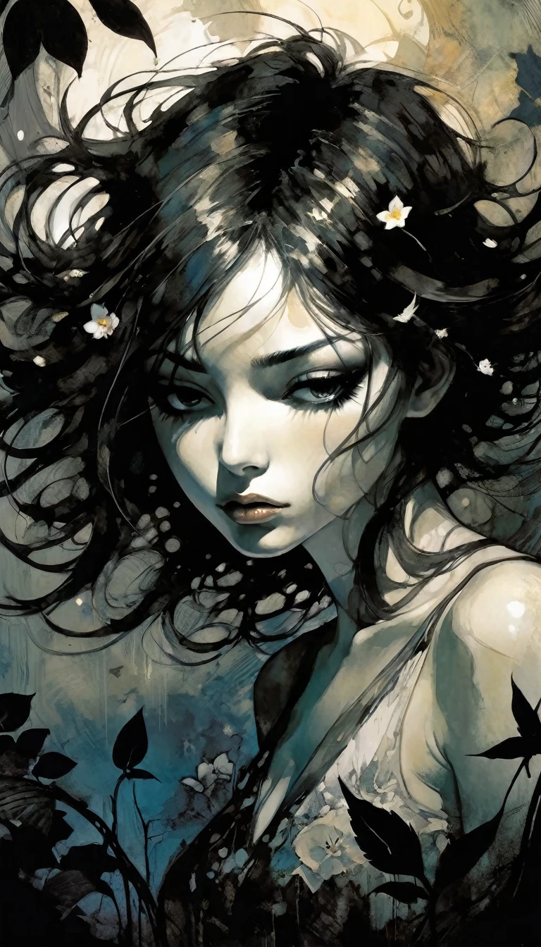 masterpiece, illustration, anime, 1girl, sexy, floral, cloud, bird, flow, hair over eyes, hair over one eye, (((ultra detailed))), softcore, kawaii,eroticism, sexy, black and white image, between shadows, oil painting, chiaroscuro, sensual, dramatic lighting, moody atmosphere, photorealistic, intricate details, masterpiece, ultra-detailed, high quality, 8k, best quality, realistic, cinematic, dark and brooding, expressionistic, powerful composition, emotional impact,  art inspired by Bill Sienkiewicz and Dave Mckean
