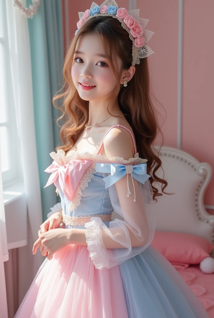 (Highest quality、masterpiece、8k、Best image quality、Hyperrealism、Award-winning works)、-yeld cubeautiful girl、(alone:1.1)、(1 photo:1.1)、(cute, Girlish, A sheer lolita dress in light pink and light blue:1.2)、(Cute Girlish big ribbon:1.1)、(Cute and luxurious hair accessories:1.1)、(The perfect Lolita dress with attention to detail:1.2)、(A cute dress with frills and ribbons:1.1)、(cute lolita dress with lace decorations:1.1)、(Cute Girlish lolita wavy hair:1.1)、(Low length:1.1)、(height: 140cm:1.1)、(Very large breasts:1.5)、(Glamorous Body:1.5)、(Big cleavage:1.5)、(Pink Roses:1.1)、(cuteハートのシンボル:1.1)、cuteフリルがいっぱい、(大きなcuteリボン:1.1)、Accentuate your body lines、Slender body、Standing Elegantly、(Pastel color Girlish and luxurious lolita room background:1.1)、(A fairytale room with attention to detail:1.1)、(cute水色の装飾壁:1.2)、(cute room with a っぽい atmosphere in pastel colors:1.1)、(cute room with very bright and shiny pastel colors:1.4)、(A very bright and shiny room:1.2)、(Lots of pastel colors:1.2)、(very bright and vivid:1.4)、(cuteパステルカラーの壁飾り:1.2)、Blurred Background、Standing Elegantly少女、Accurate anatomy、Perfect Makeup、Long eyelashes、Glossy Lips、Ultra HD glossy skin、(Ultra-high resolution, bright and beautiful skin:1.2)、(Super bright and radiant skin:1.2)、超高精細のGlossy Lips、Ultra-high resolution beautiful teeth、Light brown and blonde hair、Light brown eyes