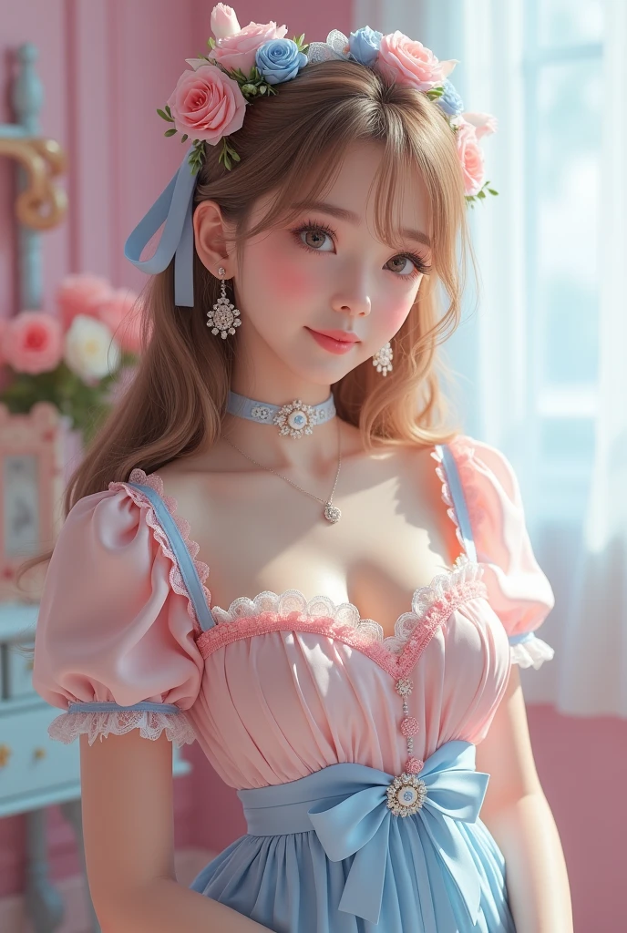 (Highest quality、masterpiece、8k、Best image quality、Hyperrealism、Award-winning works)、-yeld cubeautiful girl、(alone:1.1)、(1 photo:1.1)、(cute, Girlish, A sheer lolita dress in light pink and light blue:1.2)、(Cute Girlish big ribbon:1.1)、(Cute and luxurious hair accessories:1.1)、(The perfect Lolita dress with attention to detail:1.2)、(A cute dress with frills and ribbons:1.1)、(cute lolita dress with lace decorations:1.1)、(Cute Girlish lolita wavy hair:1.1)、(Low length:1.1)、(height: 140cm:1.1)、(Very large breasts:1.5)、(Glamorous Body:1.5)、(Big cleavage:1.5)、(Pink Roses:1.1)、(cuteハートのシンボル:1.1)、cuteフリルがいっぱい、(大きなcuteリボン:1.1)、Accentuate your body lines、Slender body、Standing Elegantly、(Pastel color Girlish and luxurious lolita room background:1.1)、(A fairytale lolita room with attention to detail:1.1)、(cute水色の装飾壁:1.2)、(cute room with a Girlish atmosphere in pastel colors:1.1)、(cute room with very bright and shiny pastel colors:1.4)、(A very bright and shiny room:1.2)、(Full of pastel colors:1.2)、(very bright and vivid:1.4)、(cuteパステルカラーの壁飾り:1.2)、Blurred Background、Standing Elegantly少女、Accurate anatomy、Perfect Makeup、Long eyelashes、Glossy Lips、Ultra HD glossy skin、(Ultra-high definition, bright and beautiful skin:1.2)、(Super bright and radiant skin:1.2)、超高精細のGlossy Lips、Ultra-high definition beautiful teeth、Light brown and blonde hair、Light brown eyes