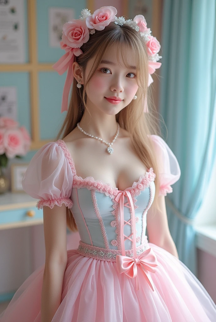 (Highest quality、masterpiece、8k、Best image quality、Hyperrealism、Award-winning works)、15-year-old cute beautiful girl、(alone:1.1)、(1 photo:1.1)、(cute, Girlish, A sheer ta dress in light pink and light blue:1.2)、(Cute Girlish big ribbon:1.1)、(Cute and luxurious hair accessories:1.1)、(The perfect Loliress with attention to detail:1.2)、(A cute dress with frills and ribbons:1.1)、(cute lolita d with lace decorations:1.1)、(Cute Girlish lolita wavy :1.1)、(Low length:1.1)、(height: 140cm:1.1)、(Very large breasts:1.5)、(Glamorous Body:1.5)、(Big cleavage:1.5)、(Pink Roses:1.1)、(cuteハートのシンボル:1.1)、cuteフリルがいっぱい、(大きなcuteリボン:1.1)、Accentuate your body lines、Slender body、Standing Elegantly、(Pastel color Girlish and luxurious lolita room backnd:1.1)、(A fairytale room with attention to detail:1.1)、(cute水色の装飾壁:1.2)、(cute room with a っぽい atmosphere in pastel colors:1.1)、(cute room with very bright and shiny pastel colors:1.4)、(A very bright and shiny room:1.2)、(Lots of pastel colors:1.2)、(very bright and vivid:1.4)、(cuteパステルカラーの壁飾り:1.2)、Blurred Background、Standing Elegantly少女、Accurate anatomy、Perfect Makeup、Long eyelashes、Glossy Lips、Ultra HD glossy skin、(Ultra-high resolution, bright and beautiful skin:1.2)、(Super bright and radiant skin:1.2)、超高精細のGlossy Lips、Ultra-high resolution beautiful teeth、Light brown and blonde hair、Light brown eyes