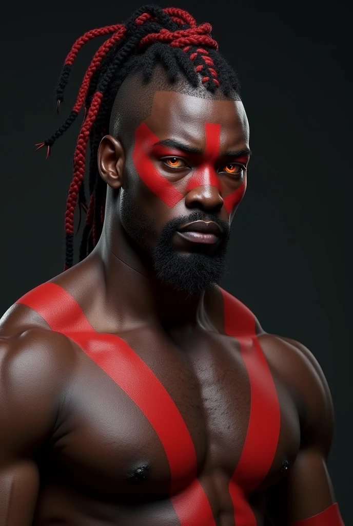 homem negro forte, with irisless eyes red and black braids, side of shaved head, with some red lines on the face, chest showing, brave face, goatee, tribal look.