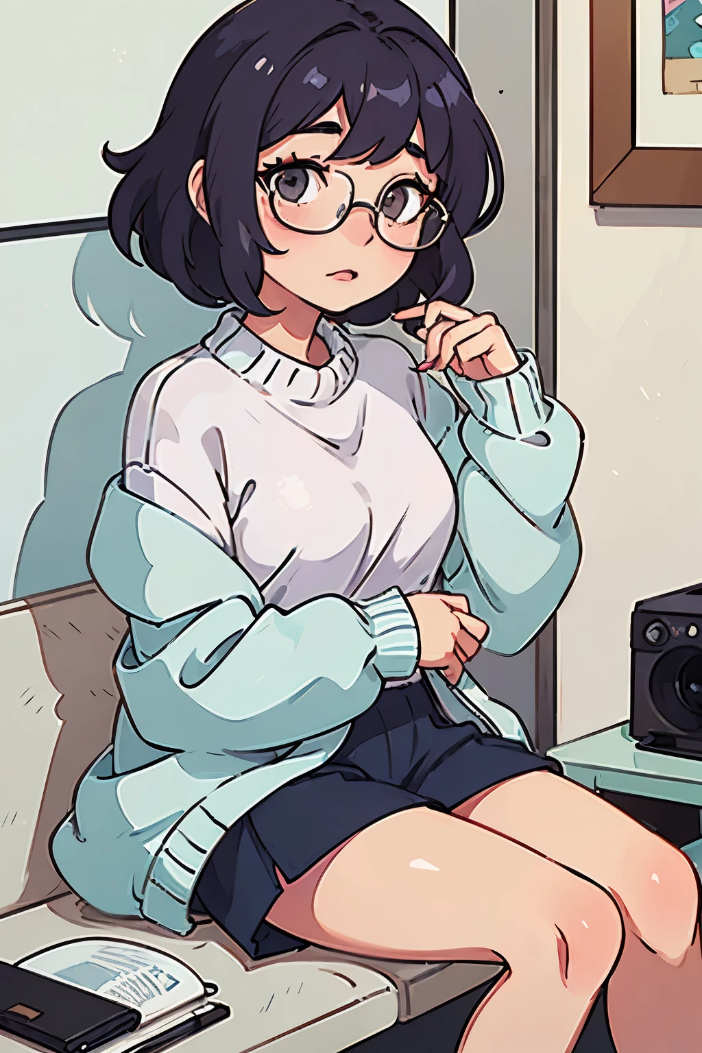 one with short wavy hair and a pastel colored sweater, with sample legs, a slightly sleepy look and glasses falling slightly from her face as she stares at the viewer, as I move a little closer to the screen than the lower part of the body, opening a door to allow someone to enter