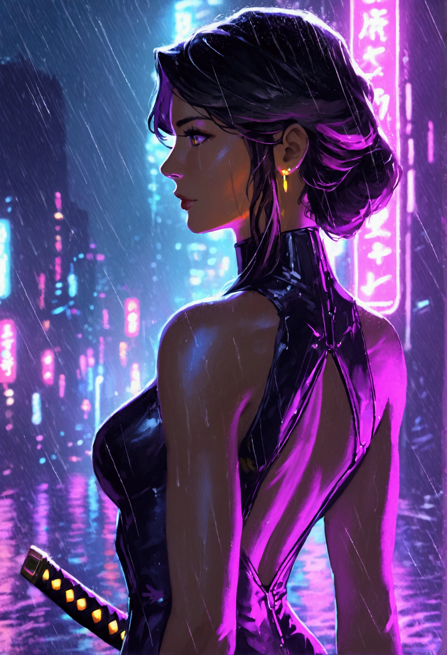 Digital artwork featuring a cyberpunk style. The layout is vertical, with a female character as the central subject. She has long, dark hair tied back, and her skin is pale. She is dressed in a tight, black, futuristic outfit that glistens in the rain. She holds a katana in her right hand, the blade reflecting the neon lights around her. The background is a rainy, neon-lit cityscape with vibrant signs in pink, green, and purple hues. Silhouetted figures walk in the distance, adding depth to the scene. The overall atmosphere is dark and moody, with a strong emphasis on the contrast between the character and the colorful, rainy environment.anatomically correct, super detailed, high quality, 4K