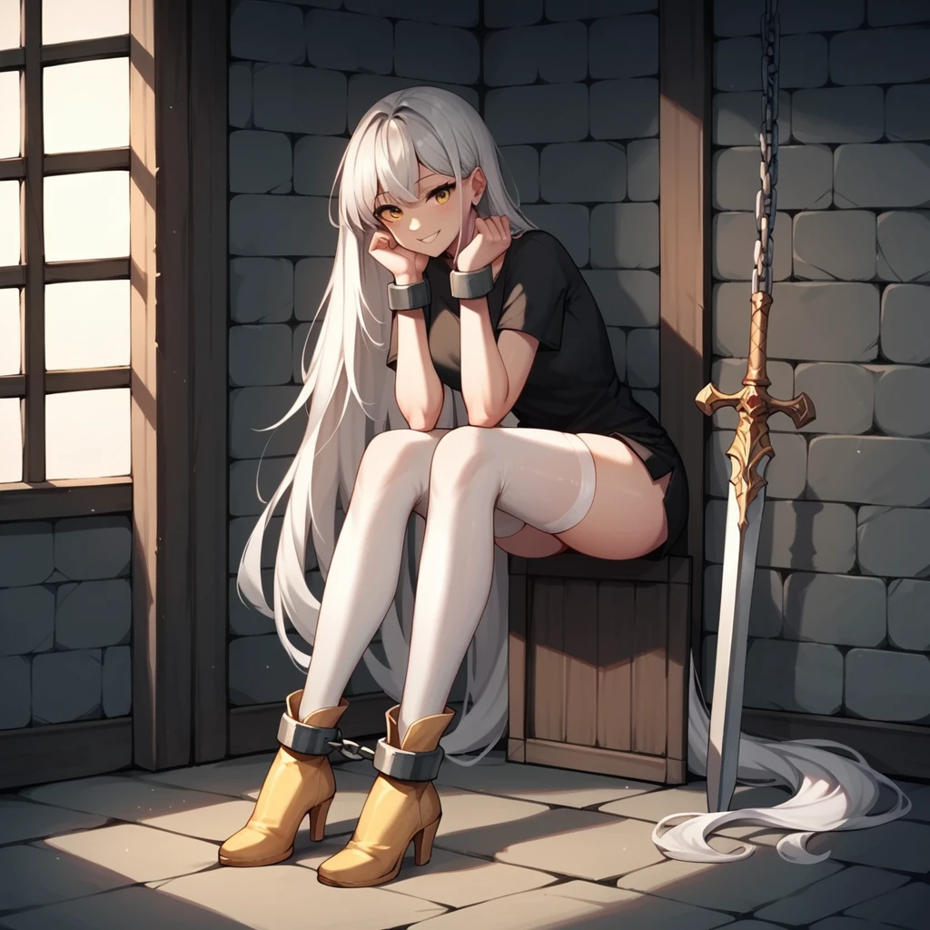 check_9, check_8_up, check_7_up, check_6_up, check_5_up, check_4_up, source_anime, 1 woman, get down on your knees, kneeling on the floor, White hair, straight hair, Very long hair, smile, WW chain, shackles, Came down with a weapon, doors, clean hair, black shirt, Short, Yellow Boots, thigh high nylon stockings, Dark stockings, dungeon, night, Best quality, better resolution, 4k uhd,
 