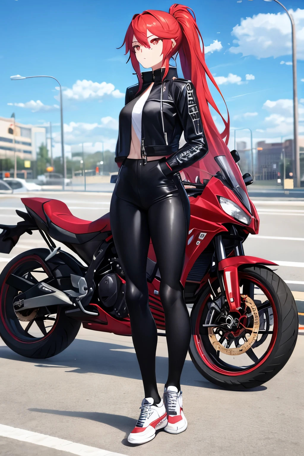 (masterpiece), best quality, BREAK, expressive eyes, (perfect face), 1girl, BREAK,( very long hair, red hair, ponytail), BREAK, (red eyes, agressive eyes, detailed eyes), BREAK, (sad expression), BREAK, (very tall height), (skinny build), BREAK, (leather motocycle jacket), BREAK, (black pants), BREAK, (sneakers), BREAK, (downtown), BREAK, (standing), (sideview)