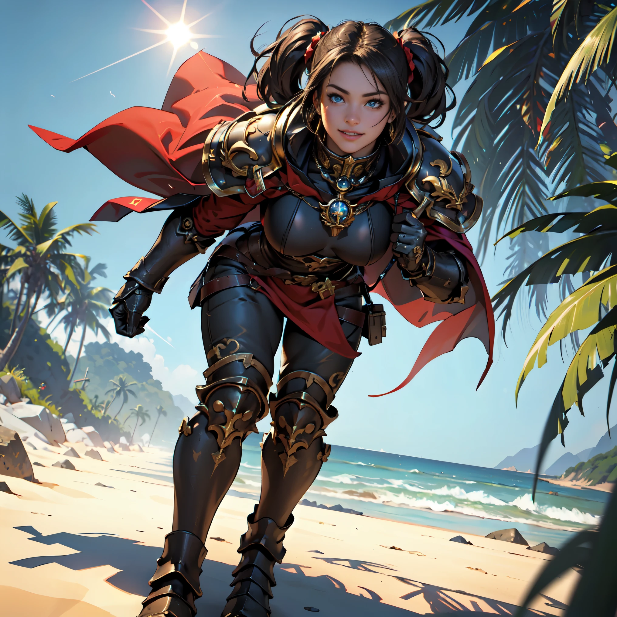 Masterpiece, Ultra-detailed Realistic {(young)} {adepta sororitas}, 1girl, {Solo}, Insane Detail, 8k Resolution, Warhammer40k, Science-Fiction, 3d Rendering, {Full Body Shot}, {Photorealistic}, Brown Hair, Blue eyes, Long hair, twintails hair style, Smile, realistic High detailed face, Cute, {muscular body}, small Breasts, {{black} metal armor with (Gold Accents)}, shiny armor, Leg armor, knight, necklace, extreme detailed pattern, backpack, red and black cape, ((beach)), sun, blue Sky, highly detailed, highly detailed background, perspective, bokeh, depth of field, ray tracing, professional, RAW photo, subsurface scattering, PBR texturing, post-processing, anisotropic filtering, maximum clarity and sharpness, multi-layered textures, Dynamic Lighting, Cinematic Lighting, 
