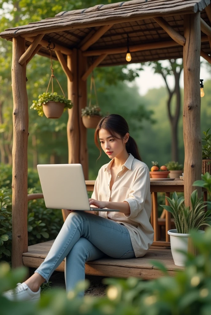 Now create an image of the same young girl of 25 years old, in a private kiosk, working outdoors with a laptop computer. Make sure that the scene looks completely natural and as realistic as possible, exaggeratedly realistic.