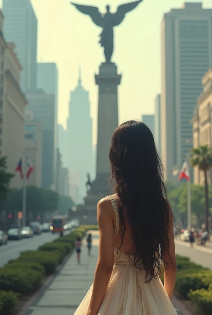 Generate an image of a girl with a back dress looking at the Angel of Independence of Mexico City with the highest quality