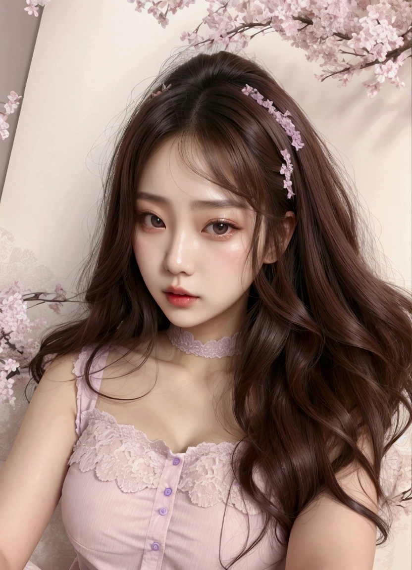 Korean girl, chocolate hair, pretty lips, big breasts and lilac blouse. 4k full hd