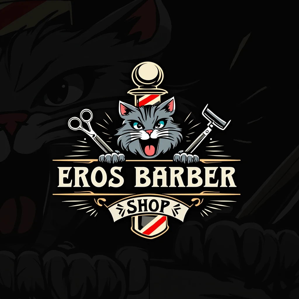 Logo for a barbershop that says Eros barber shop with urban style letters that has a gray tabby cat with hair cutting scissors and beard razors