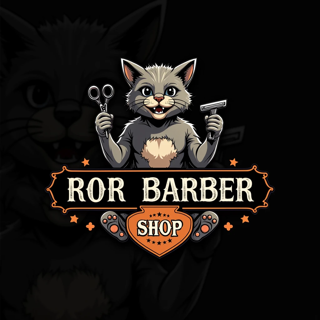 Logo for a barbershop that says Eros barber shop with urban style letters that has a gray tabby cat with hair cutting scissors and beard razors