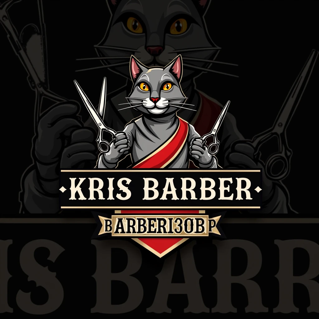 Logo for a barbershop that says Eros barber shop with urban style letters that has a gray tabby cat with hair cutting scissors and beard razors