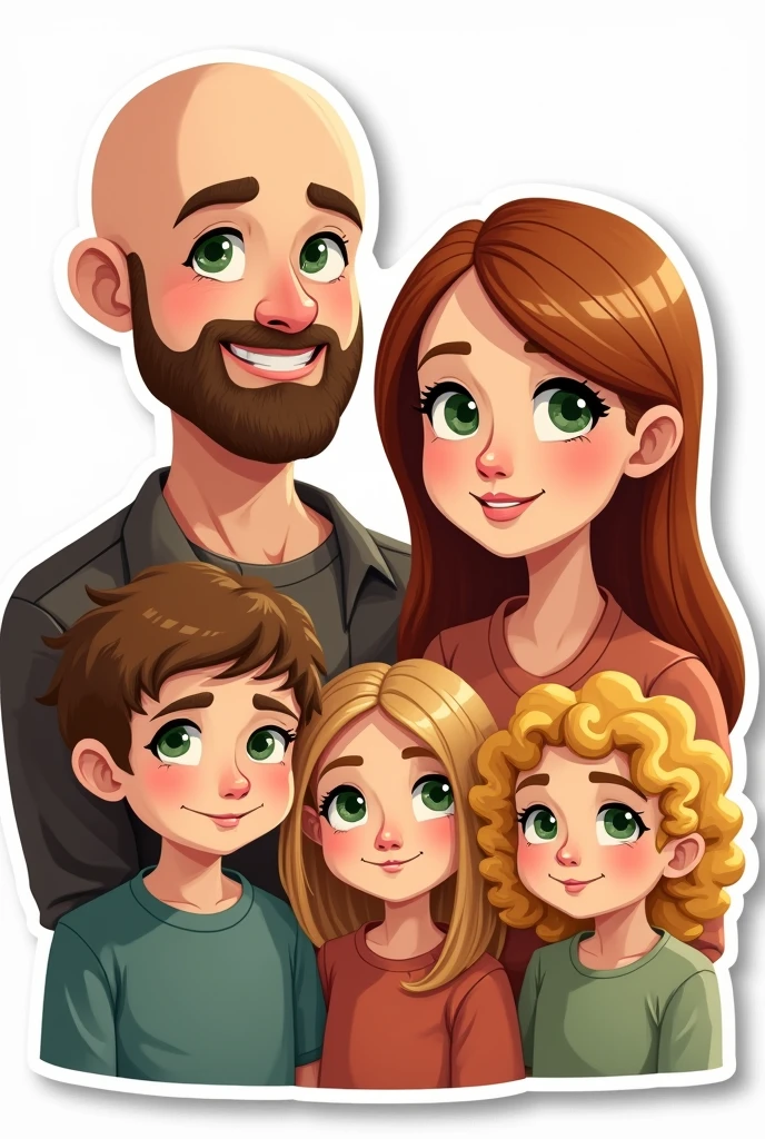 A family, A white man, Cao Cao, almost bald, brown beard, greeneyes, next to a white woman de greeneyes com o cabelo castanho-acobreado, straight and without bangs parted in the middle, next to a white woman, greeneyes, curly and blonde hair, illustration style, sticker