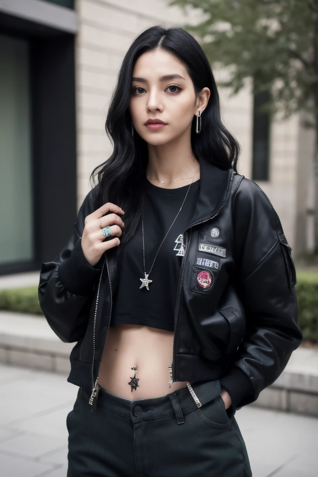 30 year old woman, black wavy hair, shoulder length hair, 1,67cm, black cargo pants, black sweatshirt and denim jacket over the sweatshirt, hand tattoos, piercing de argola no nariz, silver cross shaped earrings, Silver rings, Comfortable Style, green eyes, bisexual, belly tattoos