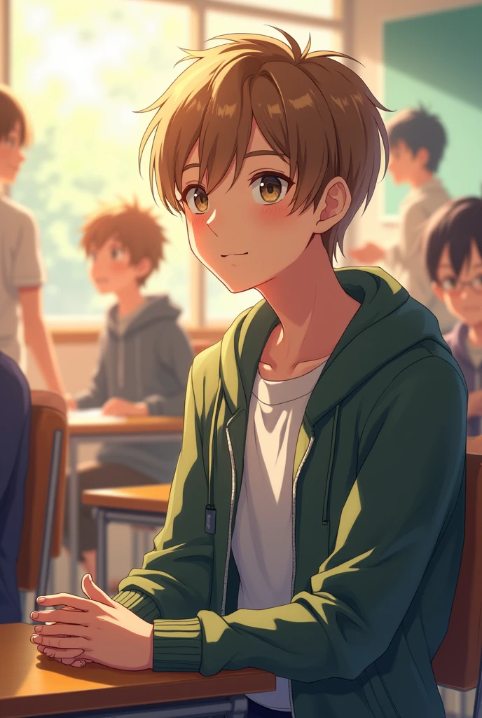 a young adult, in profile with straight light brown hair, smiling looking forward, light eye, sitting down on chair, chair in front of him empty, fund: school classroom with students and teacher. Estilo アニメ, realisitic, sunlit, アニメ realisitic, desenho realisitic, アニメ 
