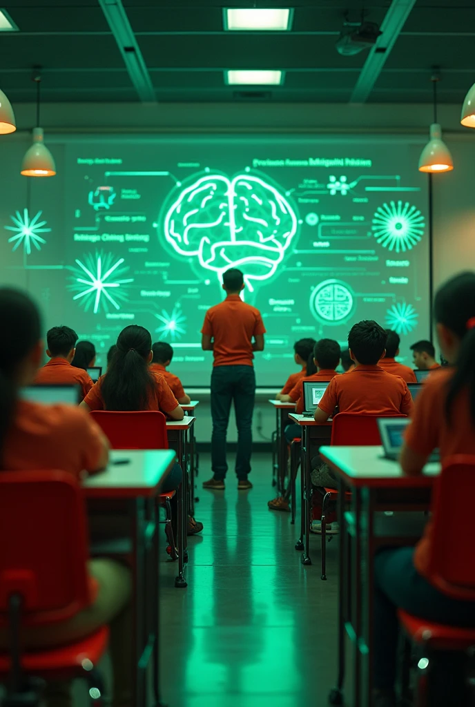 Generates an image related to the application of neuroscience in education. Use green and red colors