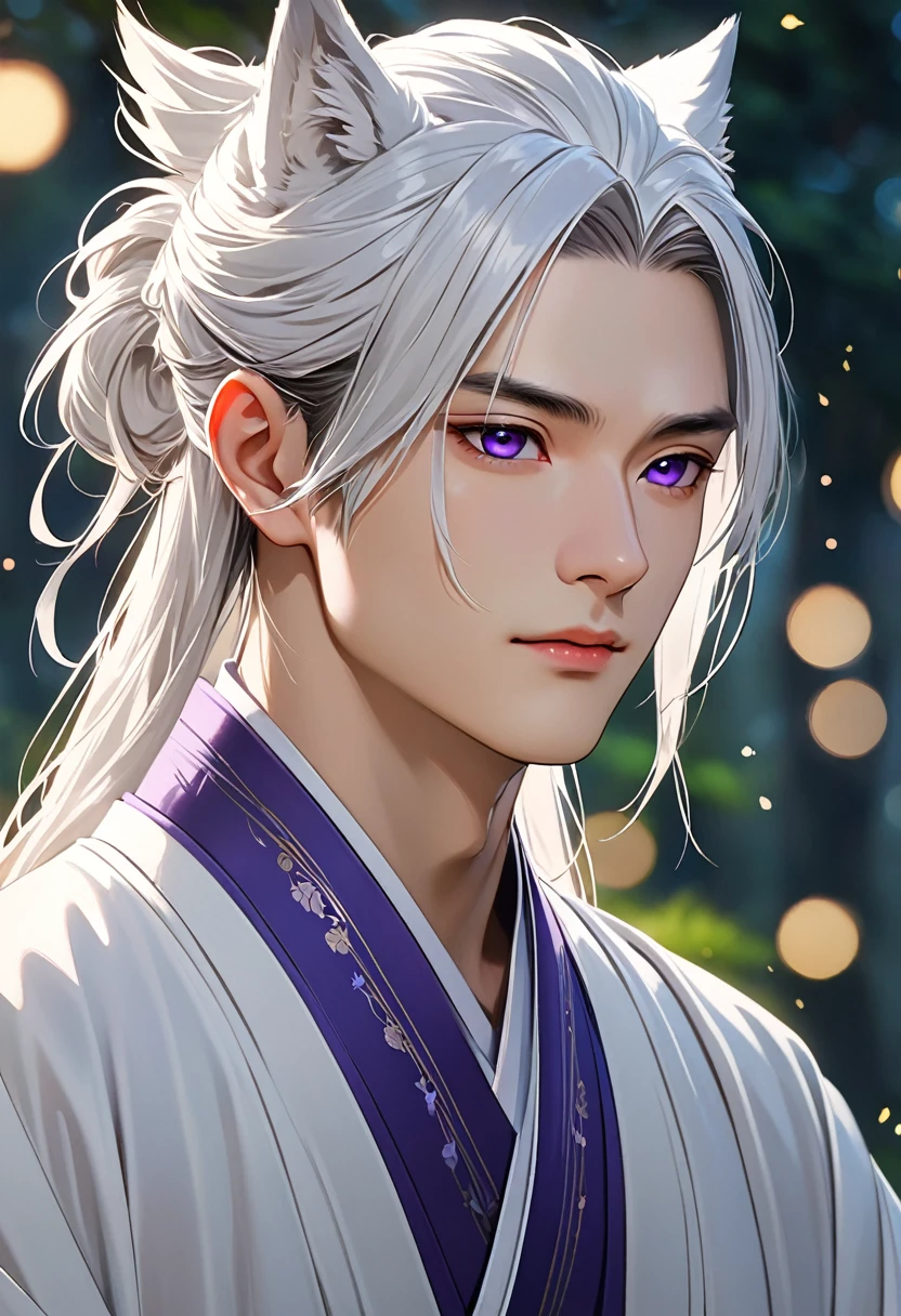 1 men with wolf-like ears, long white hair tied up with a delicate Appearance Asian-style hair Far away Tied 21 years old, pale skin, captivating purple eyes, soft youthful expression mature Wearing white traditional Chinese men's clothing hanfu, central composition, serene contemplative pose, neutral minimalist backdrop, gentle elegance and mysticism, blend of traditional Chinese and supernatural elements, detailed facial features, (best quality,4k,8k,highres,masterpiece:1.2),ultra-detailed,HDR,UHD,studio lighting,ultra-fine painting,sharp focus,physically-based rendering,extreme detail description,professional,vivid colors,bokeh,portraits,fantasy,ethereal,concept art, Do it holding a katana looking forward outdoors