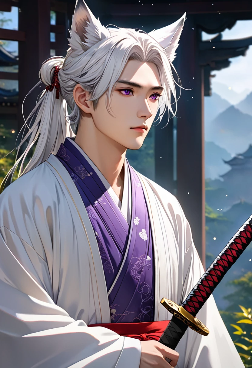 1 men with wolf-like ears, long white hair tied up with a delicate Appearance Asian-style hair Far away Tied 21 years old, pale skin, captivating purple eyes, soft youthful expression mature Wearing white traditional Chinese men's clothing hanfu, central composition, serene contemplative pose, neutral minimalist backdrop, gentle elegance and mysticism, blend of traditional Chinese and supernatural elements, detailed facial features, (best quality,4k,8k,highres,masterpiece:1.2),ultra-detailed,HDR,UHD,studio lighting,ultra-fine painting,sharp focus,physically-based rendering,extreme detail description,professional,vivid colors,bokeh,portraits,fantasy,ethereal,concept art, Do it holding a katana looking forward outdoors