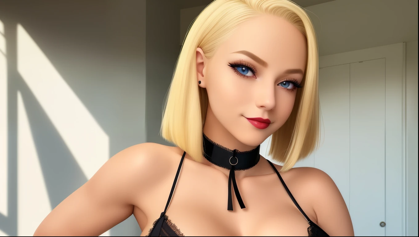 (best quality, ultra-detailed, photorealistic: 1.39), bright and vibrant colors, studio lighting, romantic expression, love smile, red eyes, Beautiful blonder hair, long braided hair, muy voluptuosa, , medium breast, shy smile, An effeminate girl, with a delicate and beautiful face. has a thin body, but well designed, your skin is tanned and very pale. her hair is blonder bob sidecut hair, likes to wear makeup, ((Wear a black choker)), outfit emocore, gothic rock style blouse, white latex shorts, lace high socks, band t-shirt, fit, muscular, hair, mercenary, front pose, cleavage