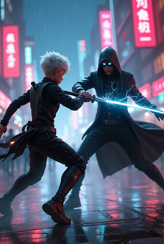 A dynamic scene featuring two characters locked in an intense battle. The protagonist is a young, stylish warrior with spiky white hair, wearing a futuristic, sleek outfit with glowing accents. He wields a high-tech katana that crackles with energy. Opposing him is a cool, edgy villain, dressed in dark, modern attire with a long, flowing trench coat and a sinister smirk. The villain’s eyes glow ominously, and he conjures shadowy tendrils from his hands as they clash. The background is a neon-lit, cyberpunk cityscape, with rain-soaked streets reflecting the vibrant colors. The overall vibe is energetic, stylish, and filled with tension.