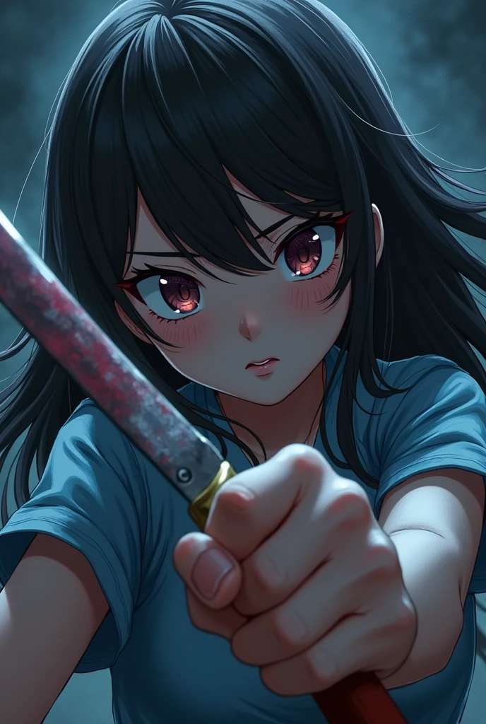 Anime girl pointing a knife at a boy 