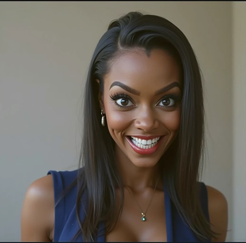 a detailed bodybuilder black woman with a big nose, Nicki Minaj, big forehead, long black hair, raised eyebrows, perfect teeth, wearing a blue dress, evil laugh, cinematic lighting, hyper realistic, 8k hd resolution, highly detailed, photorealistic, masterpiece, big eyes, black skin tone,