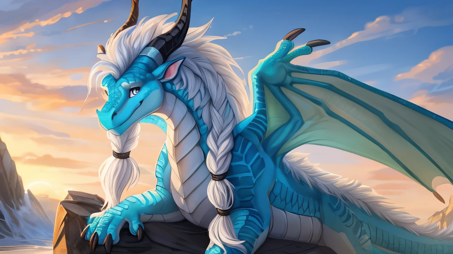 by inno-soja, by mike holmes, male, solo, ((feral)), dragon, ((quadruped)), detailed white scales, Icewing dragon from wings of fire, looking at viewer, horns, cyan blue horns, smiling, friendly, cute, ((bulky white hair)), ((viking braids)).