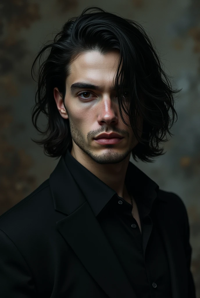 Twenty-two year old man, Outstanding features, marked jaw, dark-haired bastard with striking black eyes, long hair and a tendency towards dark romance