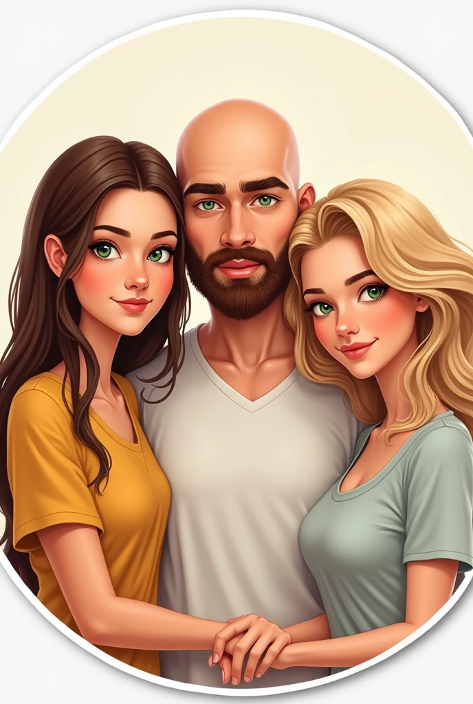 A family, A white man, Cao Cao, almost bald, brown beard, greeneyes, next to a white woman de greeneyes com o cabelo castanho-acobreado, straight and without bangs parted in the middle, next to a white woman, greeneyes, curly and blonde hair, illustration style, sticker