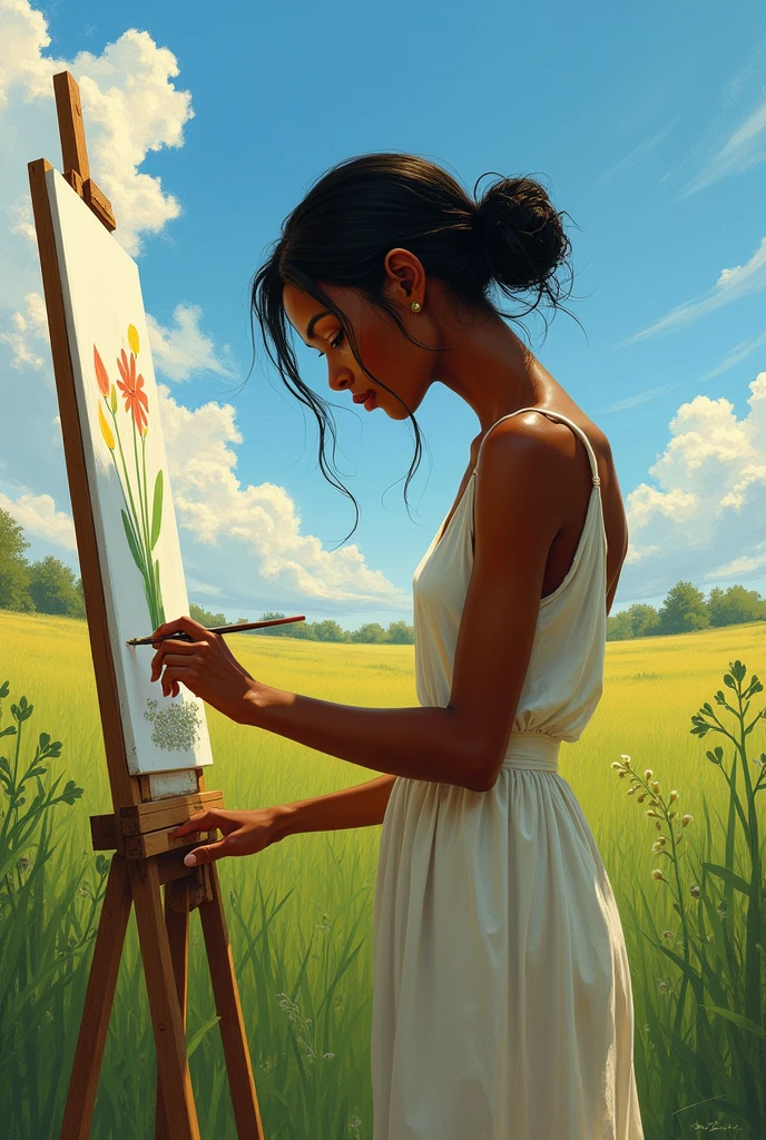 A girl with dark skin drawing in a field with oil paints
