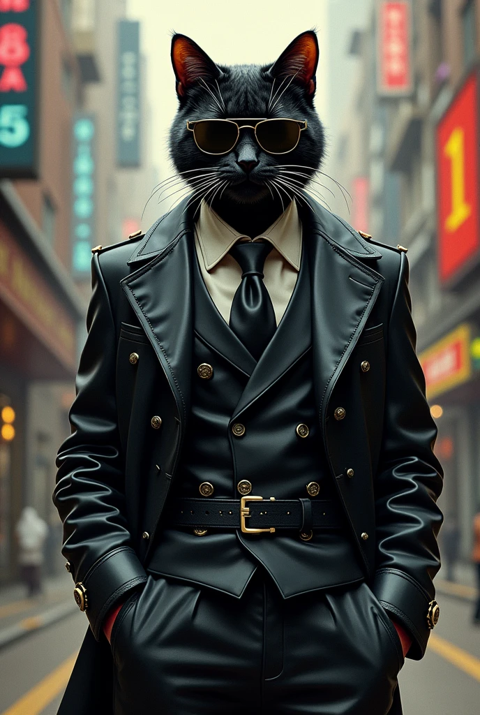 A painting of a cat in a black leather suit in sunglasses, popular at the art station, in a black leather suit, detailed surreal rendering, United Kingdom gang members, street style, intimidating poses, cat planet, stylish clothes, urban samurai, Mewtwo, West Slavic features, 8 1 5, animation