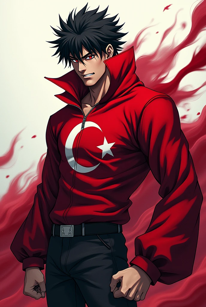 Image of male anime denji makes him like in the anime with clothes in the color of the Turkish flag. Just like the anime. Put the Turkish flag on. Makes him scary. 