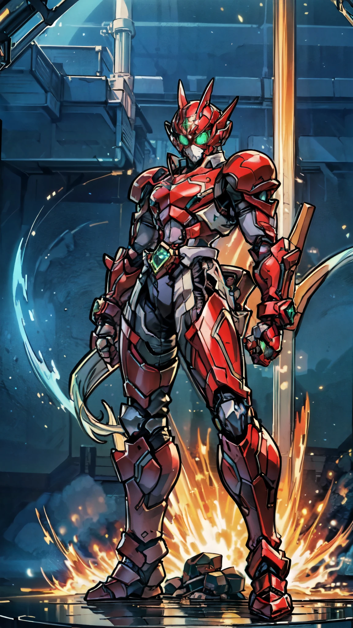 (masterpiece:1.5, best quality:1.5, extremely delicate:1.5), a man wearing a full-face helmet, a fantasy-style biotech armored combat suit, green eyes, (a composite layered chest armor), fully enclosed shoulder guards, matching arm and leg guards, belt of Neon circuit, (the color scheme is primarily black with green and red accents), the design balances heavy with agility, a high-tech bio-mecha armor, (Armor Concept Inspired by Kamen Rider, stand on the top of a skyscraper in a futuristic sci-fi city), this character embodies a finely crafted fantasy-surreal style armored hero in anime style, exquisite and mature manga art style, (element, plasma, energy, the armor glows), ((male:1.5)), metallic, high definition, highres, ultra-detailed, ultra-fine painting, professional, perfect body proportions, golden ratio, anatomically correct, symmetrical face, extremely detailed eyes and face, high quality eyes, creativity, RAW photo, UHD, 32k, Natural light, cinematic lighting, masterpiece-anatomy-perfect