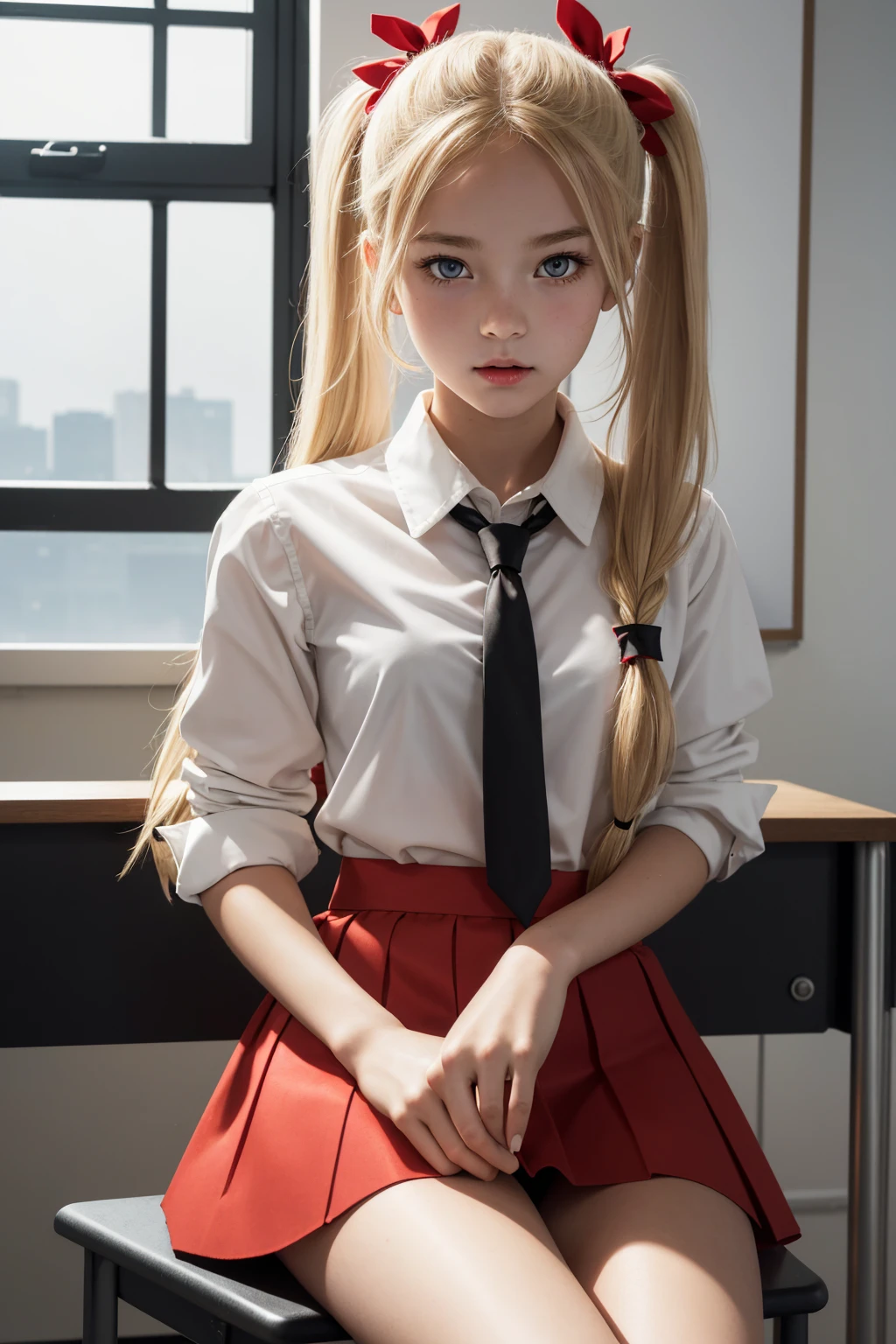 masterpiece, highres, high quality, extremly detailed,
american age girl, long blonde hair, red miniskirt, black ribbon, white shirt, red tie, hair in pigtails. innocent
side lighting, low key, high contrast, high saturation,
in a school classroom, sitting at a small desk. holding a pencil in her mouth
