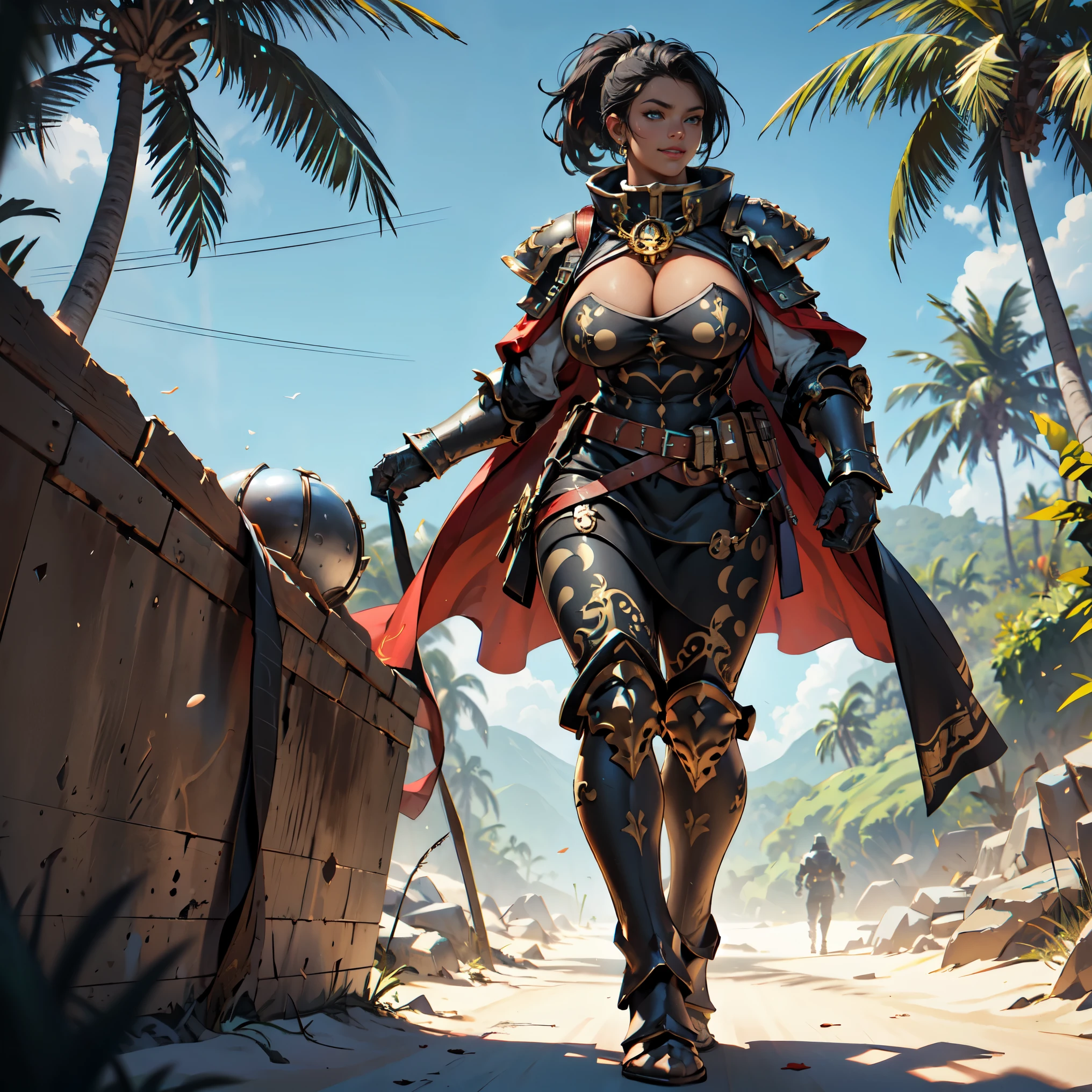 Masterpiece, Ultra-detailed Realistic {(young)} {adepta sororitas}, 1girl, {Solo}, Insane Detail, 8k Resolution, Warhammer40k, Science-Fiction, 3d Rendering, {Full Body Shot}, {Photorealistic}, Black Hair, Blue eyes, Long hair, ponytail hair style, Smile, realistic High detailed face, Cute, (((Dark Skin))), (((muscular body))), (((Huge Breasts))), {{black} metal armor with (Gold Accents)}, shiny armor, Leg armor, knight, necklace, extreme detailed pattern, backpack, red and black cape, ((beach)), palm trees, sun, blue Sky, highly detailed, highly detailed background, perspective, bokeh, depth of field, ray tracing, professional, RAW photo, subsurface scattering, PBR texturing, post-processing, anisotropic filtering, maximum clarity and sharpness, multi-layered textures, Dynamic Lighting, Cinematic Lighting,
