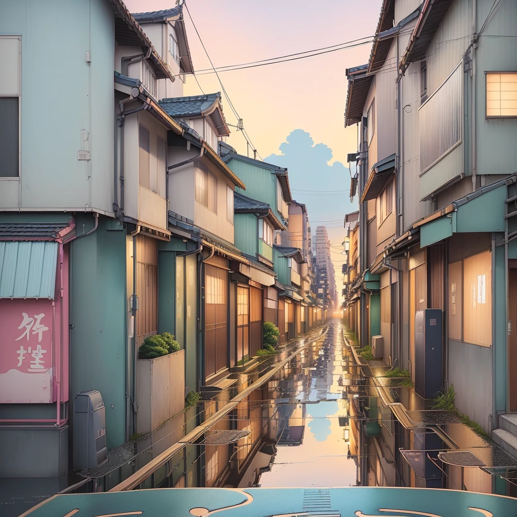 illustration of a street with a puddle of water in the middle, Japanese street, anime style cityscape, street background, anime background art, anime city line art, Japanese city, anime aesthetics, Japanese city pop color palette, Japanese city, Tokyo is an ancient city, lo-fi illustration style, anime atmosphere, japanese art style, anime background, Quiet street, Detailed street