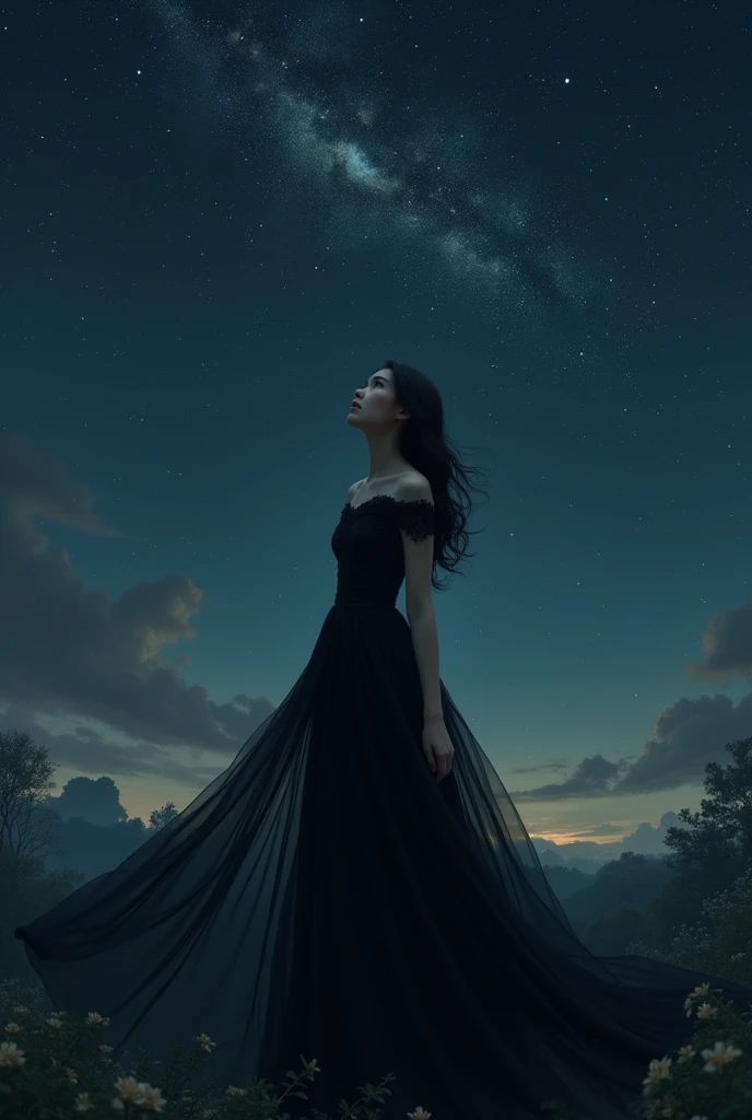 Generate an image of a girl in a back dress looking at the night sky with the highest quality 