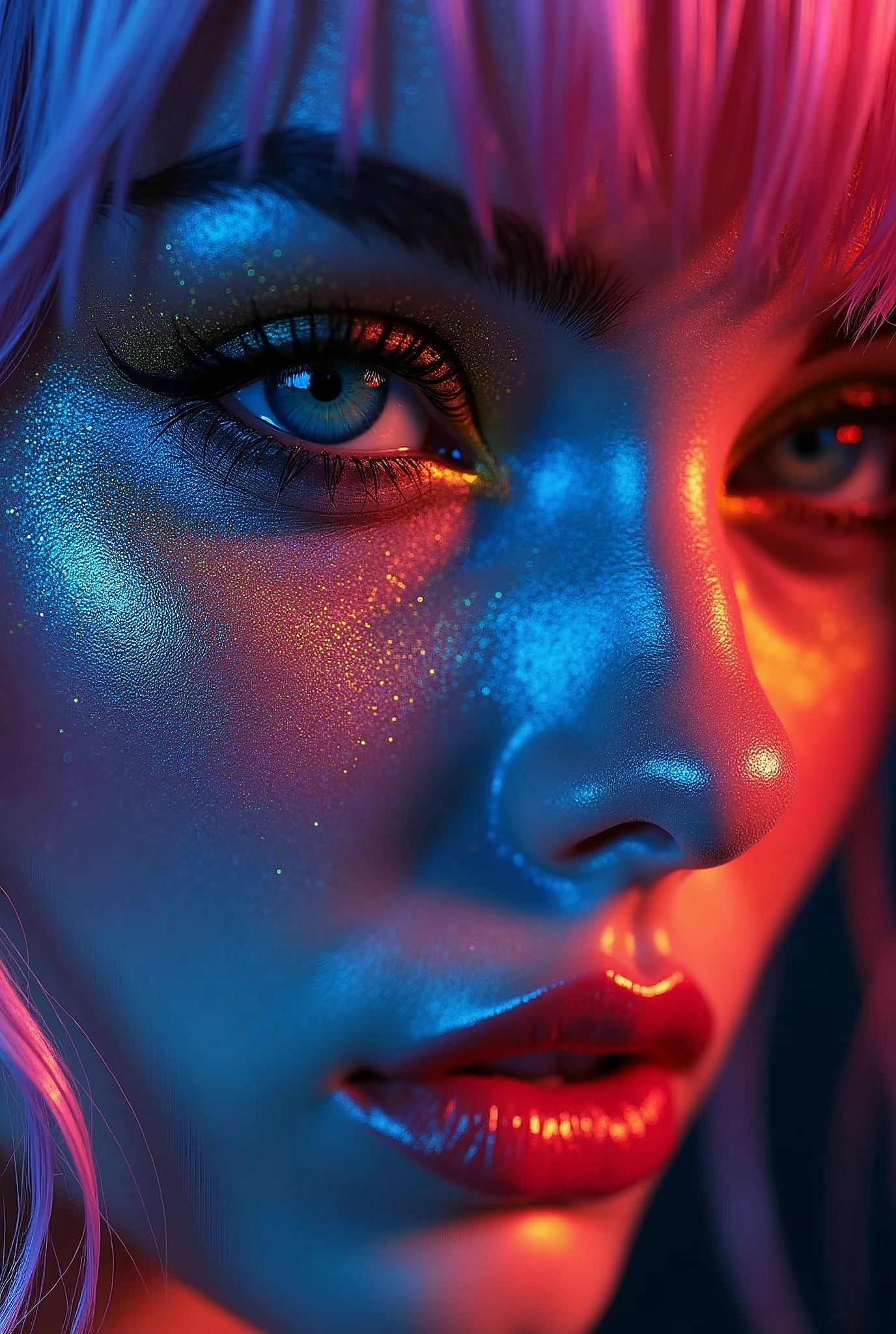 Mesmerizing close-up portrait bathed in vibrant neon colors. Face illuminated by a kaleidoscope of electric hues - cyan, magenta, yellow, and emerald green. Striking contrast between cool blues and warm oranges across the features. Iridescent, glitter-like particles scattered over the skin, creating a cosmic effect. Piercing eyes with multicolored reflections, framed by dramatic lashes. Lips shimmering with holographic sheen. Hair melting into the background in streaks of hot pink and electric blue. Sharp contours accentuated by bold color transitions. Black background amplifying the intensity of the neon palette. Cyberpunk aesthetic meets high-fashion makeup artistry. Hyper-realistic rendering with ultra-sharp focus on every colorful detail.