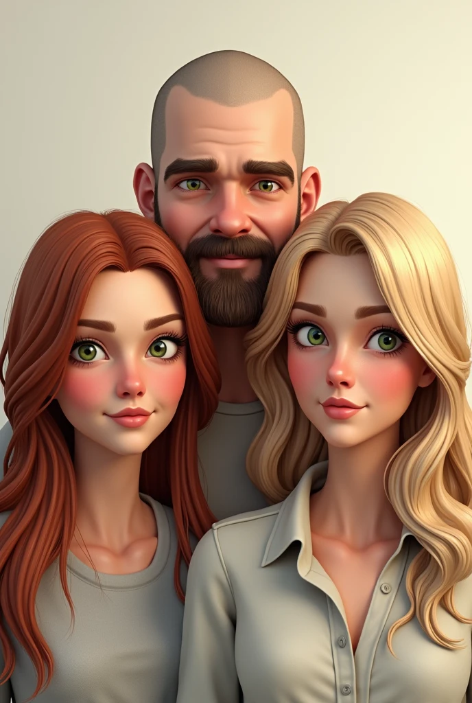 A family, A white man, Cao Cao, almost bald, brown beard, greeneyes, next to a white woman de greeneyes com o cabelo castanho-acobreado, straight and without bangs parted in the middle, next to a white woman, greeneyes, curly and blonde hair, illustration style